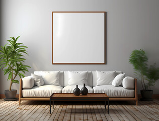 Front facing living room with wood floors, white modern sofa, empty white square canvas mockup 