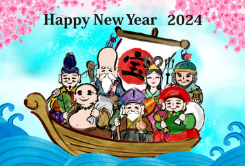 2024年  年賀状用テンプレート　七福神の手描き和風イラスト入り