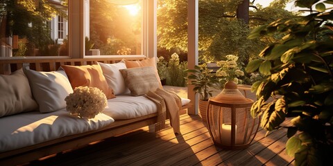 Fototapeta premium AI Generated. AI Generative. Vintage retro modern scandinavian style porch veranda sofa with table sitting relax place with many flowers and plants. Graphic Art