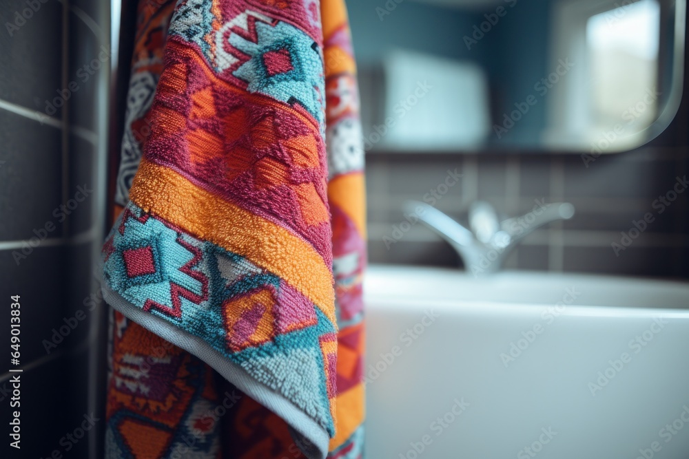 Poster a vibrant towel is hanging on the side of a bathroom sink. this image can be used to showcase a styl