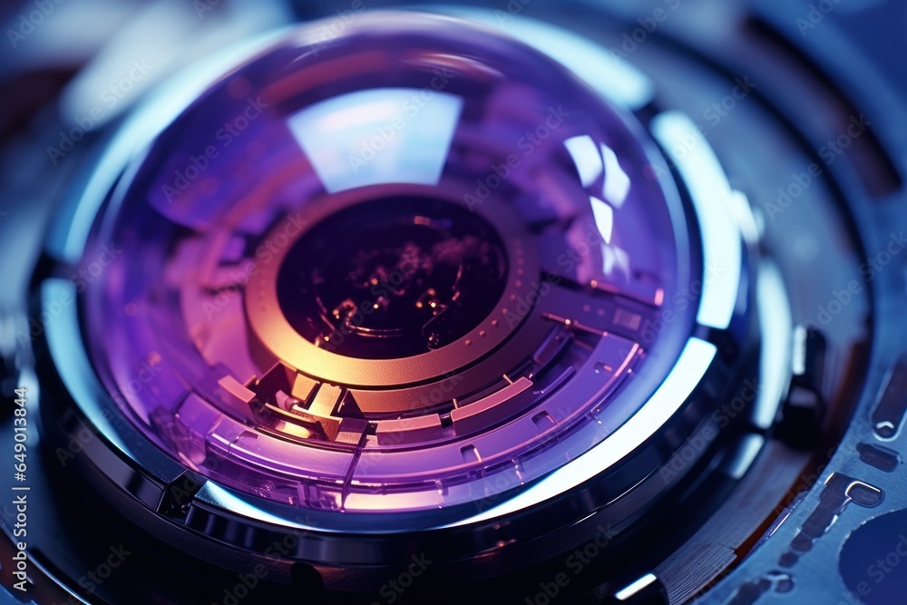 Poster A detailed close-up view of a camera lens. This image can be used to showcase the intricate details of photography equipment.