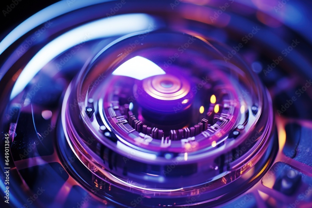 Aufkleber a close-up view of a camera lens emitting a vibrant purple light. this image captures the intricate 
