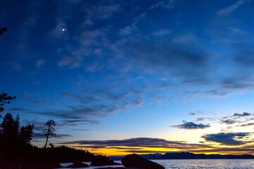 Tranquil Tahoe Beauty: 4K Image of Lake Tahoe View from Lakeshore with Stone and Sky