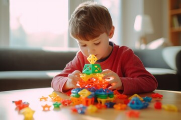 Fototapeta premium A young boy is seen playing with a pile of plastic toys. This image can be used to depict childhood, playtime, imagination, or the joy of playing with toys.