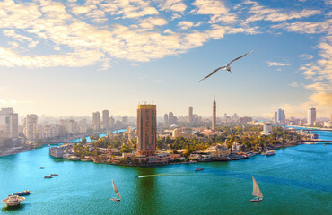 Rare panorama of Gezira island, famous view on the Nile in the center of Cairo, Egypt © AlexAnton