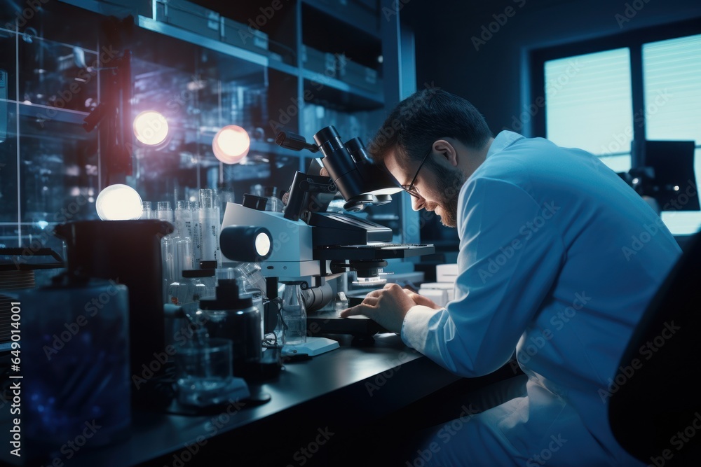 Aufkleber a man wearing a lab coat is seen carefully examining a sample through a microscope. this image can b