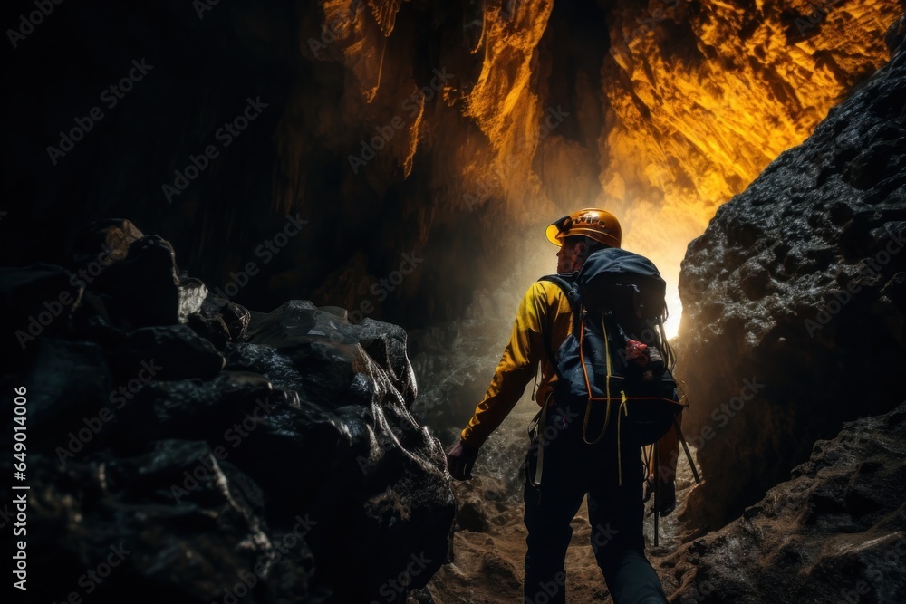 Poster A man is seen walking through a cave with a backpack. This image can be used to depict exploration, adventure, hiking, or spelunking.