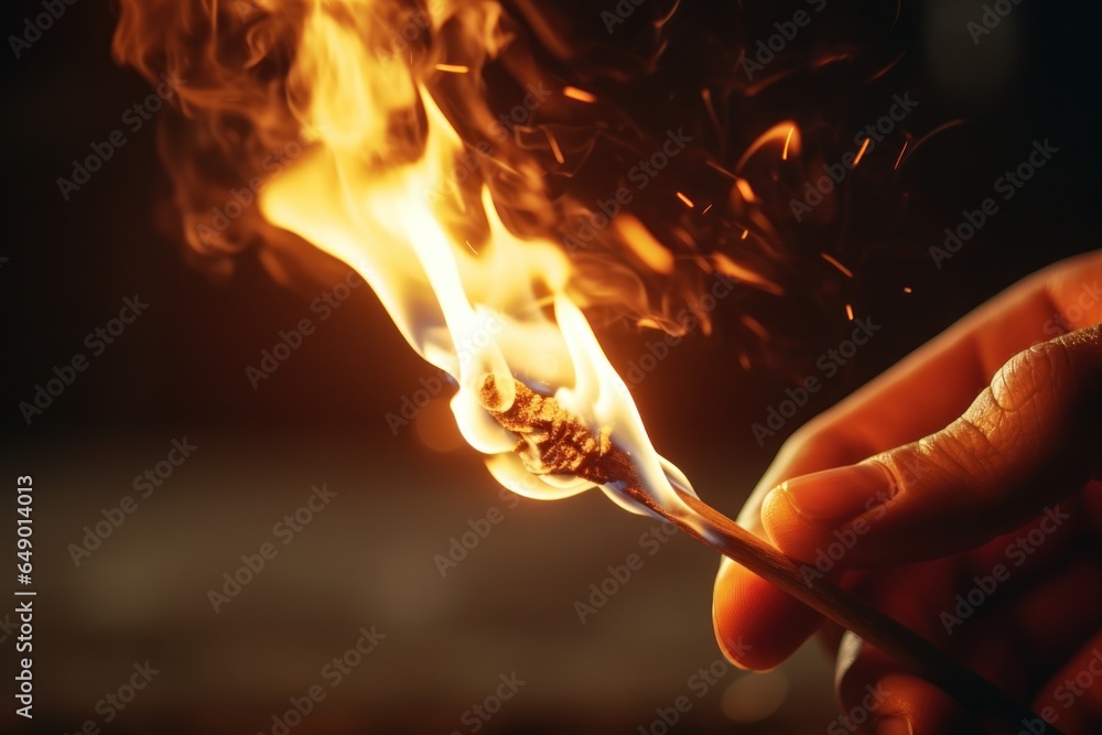 Poster a person holding a matchstick with a fiery background. this image can be used to depict concepts suc
