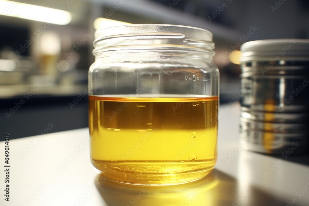 Poster a jar of liquid sitting on top of a counter. can be used for various purposes.