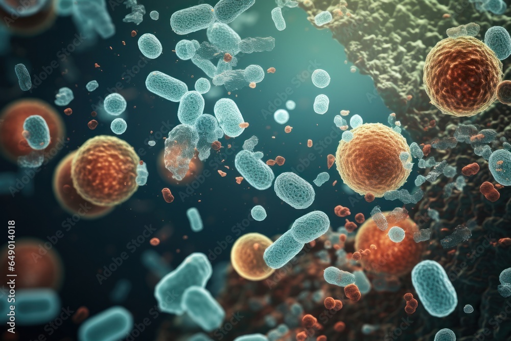 Poster various types of cells floating in the air. suitable for scientific or medical illustrations.