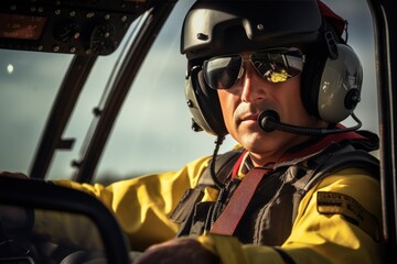 A man sitting in the pilot's seat of a helicopter. This image can be used to depict aviation, transportation, or adventure.