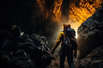 A man is seen walking through a cave with a backpack. This image can be used to depict exploration, adventure, hiking, or spelunking. - obrazy, fototapety, plakaty