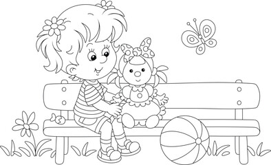 Happy little girl playing with her funny toy doll on a small bench in a park on a warm summer day, black and white vector cartoon illustration for a coloring book