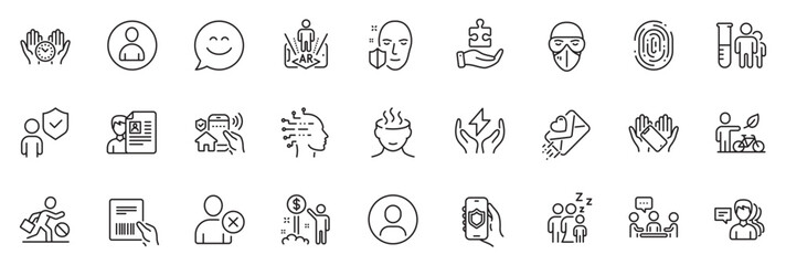 Icons pack as Medical mask, Safe time and Eco bike line icons for app include Medical analyzes, House security, Face protection outline thin icon web set. Love letter, Jobless. Vector