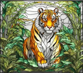 Fotobehang Abstract stained glass style painting depicting tiger in jungle © Tilra