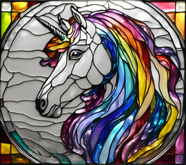 Abstract stained glass style painting with silver frames depicting unicorn portrait in rainbow colors