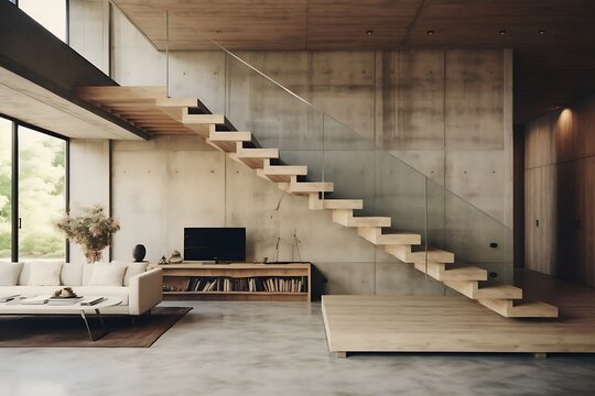 Rustic Elegance: House, Barn, and Loft with Staircase, Sofa, and Table in Muted Tones, Concrete Aesthetic