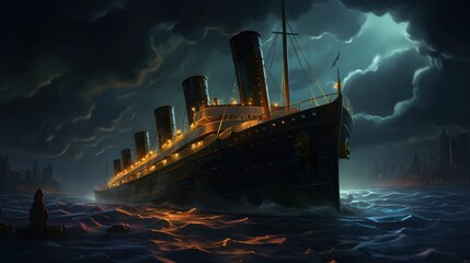 Fototapeta premium A ship in rough waters in an ominous sky