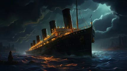 Fototapeten A ship in rough waters in an ominous sky © olegganko