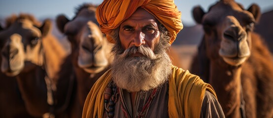 Fototapeta na wymiar Indian men on camels in deserts of india
