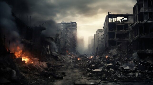Cataclysmic Aftermath: A City's Descent into Ruin. Generative ai