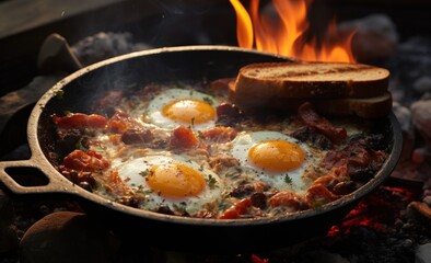 Bacon, eggs & breakfast on an open fire