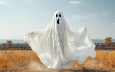 Image of a ghost in a white cape and with black painted eyes. Halloween costume example