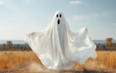 Foto op Canvas Image of a ghost in a white cape and with black painted eyes. Halloween costume example © Mike