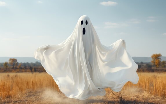 Image of a ghost in a white cape and with black painted eyes. Halloween costume example