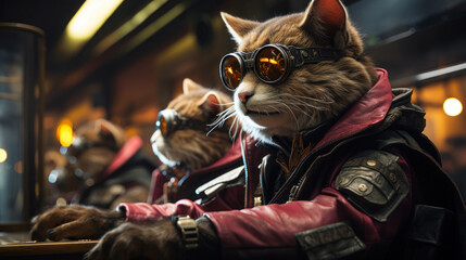 Cyberpunk kitty character in vibrant leather clothes with bikers vibe