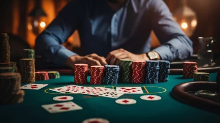 Fotobehang High Stakes Drama: Closeup on Poker Players' Hands. Generative ai © Scrudje