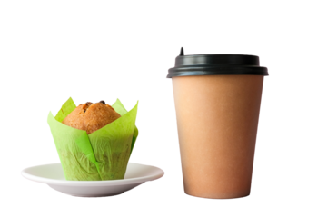 Muffin and paper coffee cup close-up, transparent background