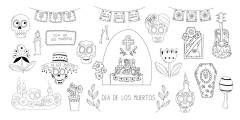 Dia de los Muertos Set of Simple Vector Illustrations in Doodle Style. . Latin American Holidays and Traditions. Day of the Dead Mexican Religious Holiday. 