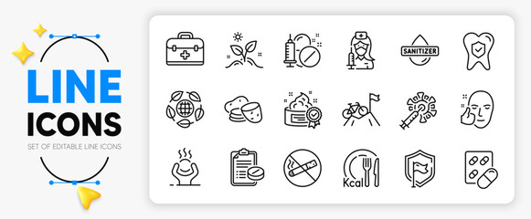 First aid, Shield and Dental insurance line icons set for app include Mountain bike, Coronavirus vaccine, No smoking outline thin icon. Eco organic, Healthy face, Hand sanitizer pictogram icon. Vector - obrazy, fototapety, plakaty
