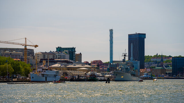 Gothenburg, Sweden - June 03 2023: Maritime museum Maritiman with Hotel Draken in the background.