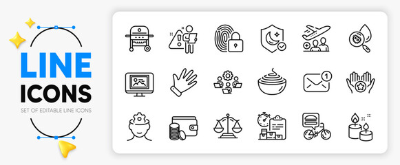 Pasta, Search employee and Hand line icons set for app include Brain working, Food delivery, Lock outline thin icon. Passenger, Teamwork, Delivery report pictogram icon. Justice scales. Vector
