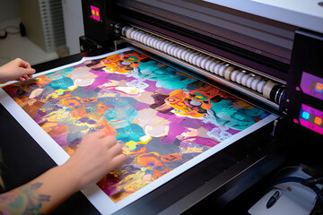 Someone using a large printer to print a picture - obrazy, fototapety, plakaty