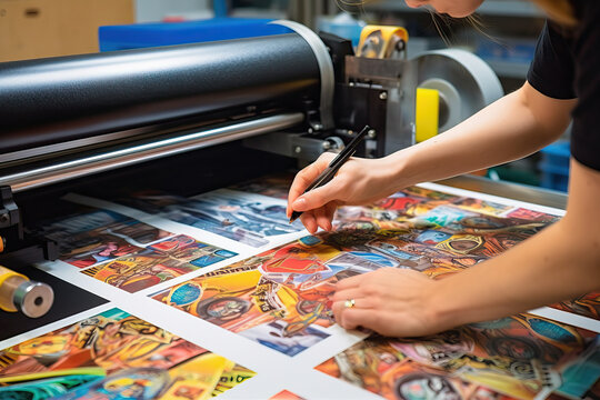 A woman printing pictures on a large sheet of paper
