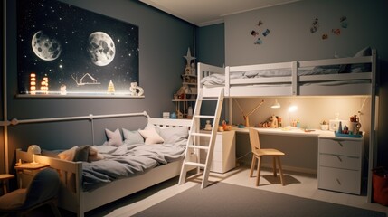 A child's bedroom with a bunk bed and desk - obrazy, fototapety, plakaty