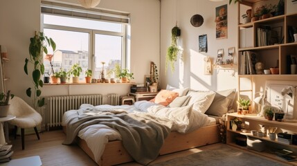 A bedroom with a bed, bookshelf, plants, and a window