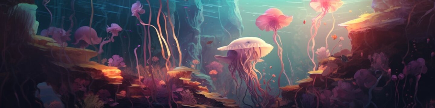 A painting of a jellyfish swimming in the ocean