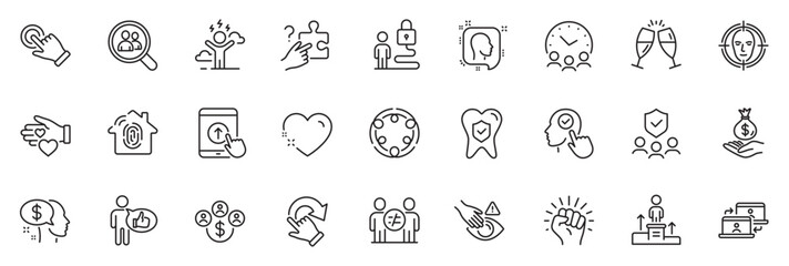 Fototapeta na wymiar Icons pack as Discrimination, Heart and Empower line icons for app include Fingerprint access, People insurance, Pay outline thin icon web set. Champagne glasses, Difficult stress. Vector