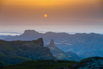 Sunset from the top of  Pico de las Nieves, Gran Canaria Island. - 649017283