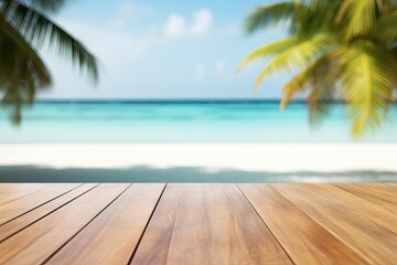 Light wood deck with blurred tropical background, white tabletop ocean view for product display