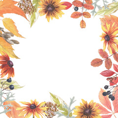 Bright composition of plant elements. Autumn flowers berries and leaves watercolor in vintage style.