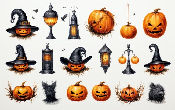A large Halloween-themed sticker pack. Jack pumpkin sticker, image of witch and ghosts