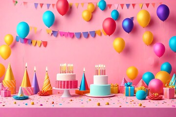 Birthday balloons and happy birthday cake with colorful candles
