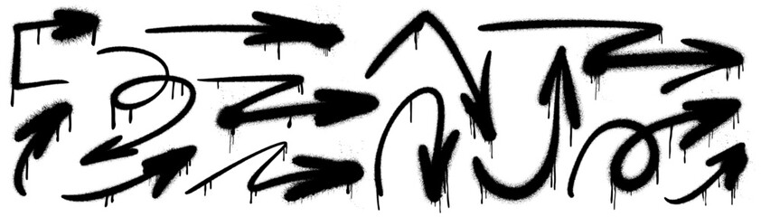 Graffiti paint spray emphasis arrows with splatter and dripping ink. Rough urban emphasis tag lines with splash spray. Vector illustration of up and down cursor symbols pointing, dirty grunge icon - obrazy, fototapety, plakaty