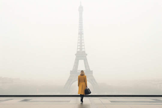 Beauty, fashion and style concept. Minimalist woman model portrait in Paris city landscape background. Foggy city with Eiffel tower in background. Black and white image. Generative AI