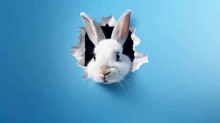 Fototapeta premium Easter rabbit breaking through the wall with blue background